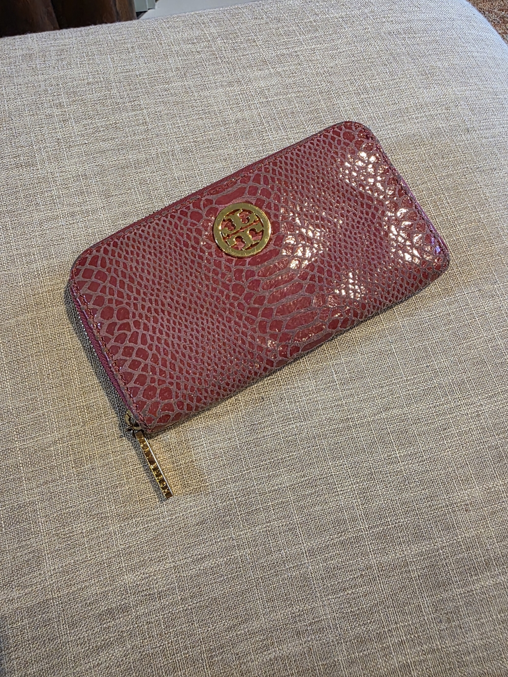 Tory Burch Pink Croc Zip Wallet